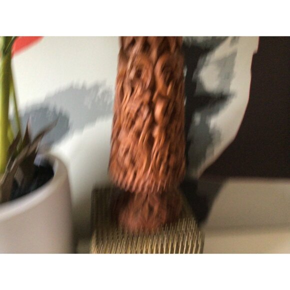 Vintage Vase Ornate Floral Hand Carvings Wooden 10" x 4"  Made In Thailand - Picture 5 of 14